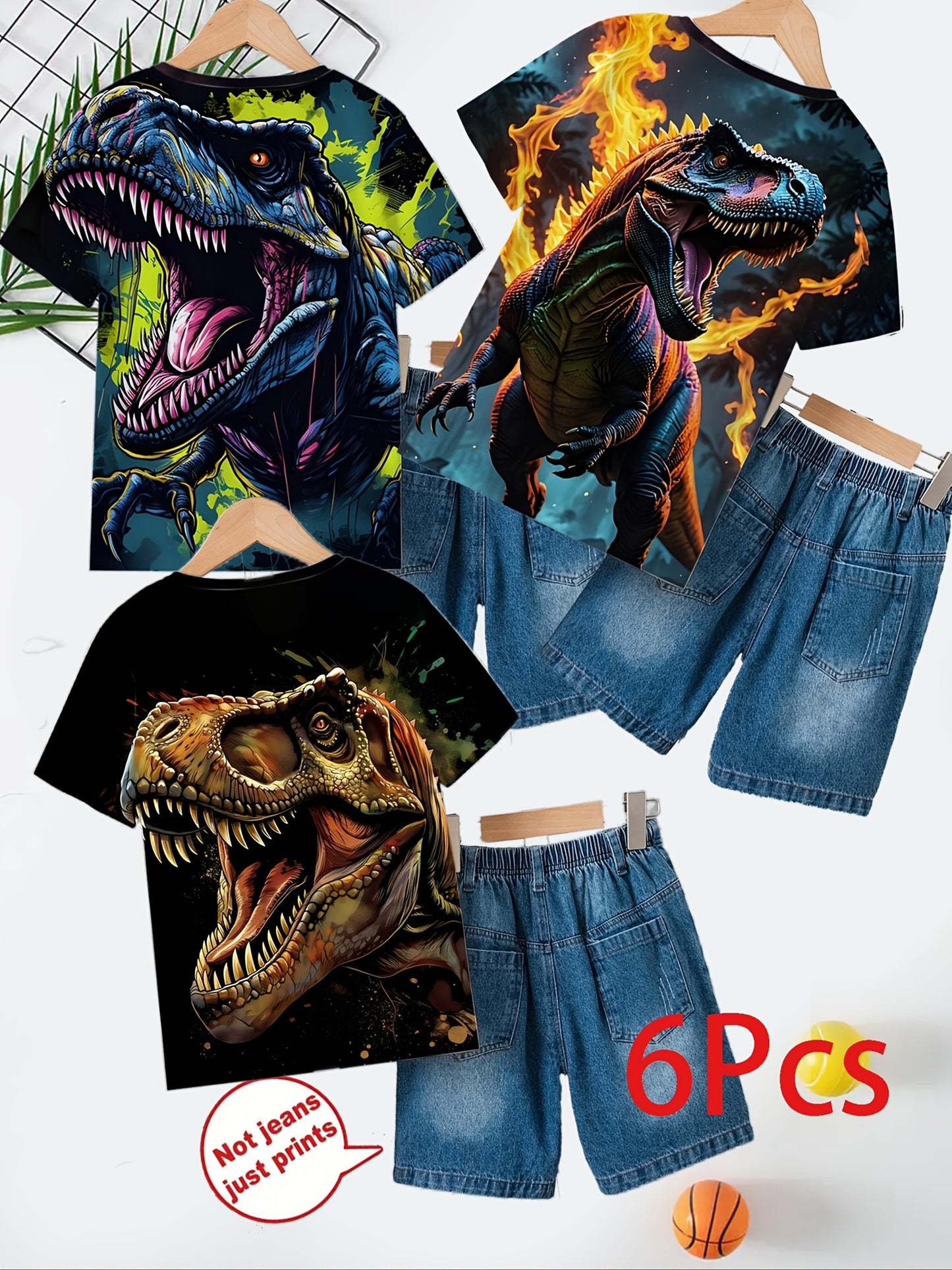 6pcs for Boys 3D Dinosaur Skills Cool Print Imitation Denim Casual Wear - Bright Splash Design T-shirt And Imitation Denim Shorts Set, Breathable Polyester Blend, 3 Sets Machine Washable - Perfect for Summer Fun, Perfect for