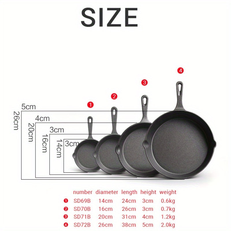 Cast Iron Skillet 7 Piece Set Heavy Duty Professional Chef Quality Preseasoned Pan Set 26cm 20cm 16cm 14cm Suitable for Frying Cooking Pizza Oil Brush Silicone Handle Beech Spatula