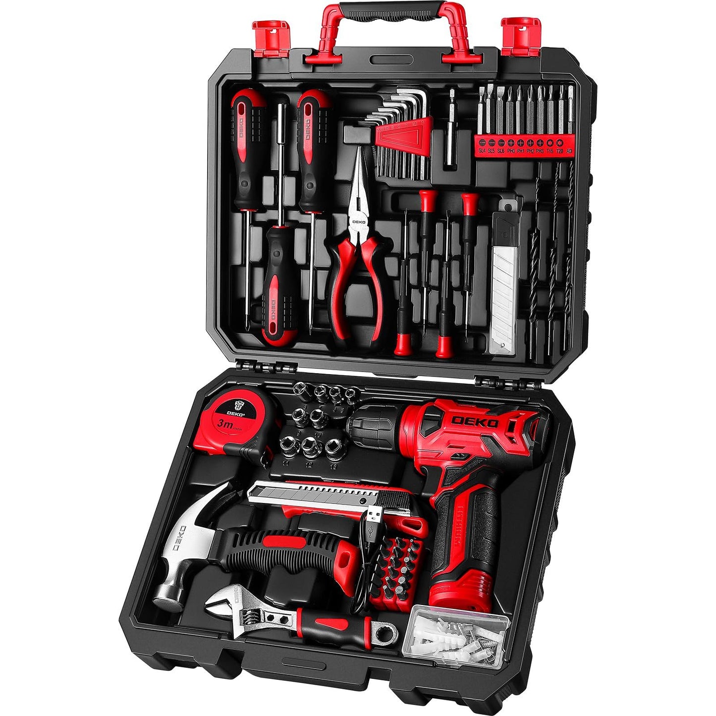 DEKO 126PCS Pink Power Tools Box With 8V Cordless Drill / Driver, Tape Measure, Hammer, Screwdriver Set and Precision Tool, Portable Hand Toolbox for Garden, DIY Home Projects, Outdoor Repairs, Camping, Woodworking Tools and