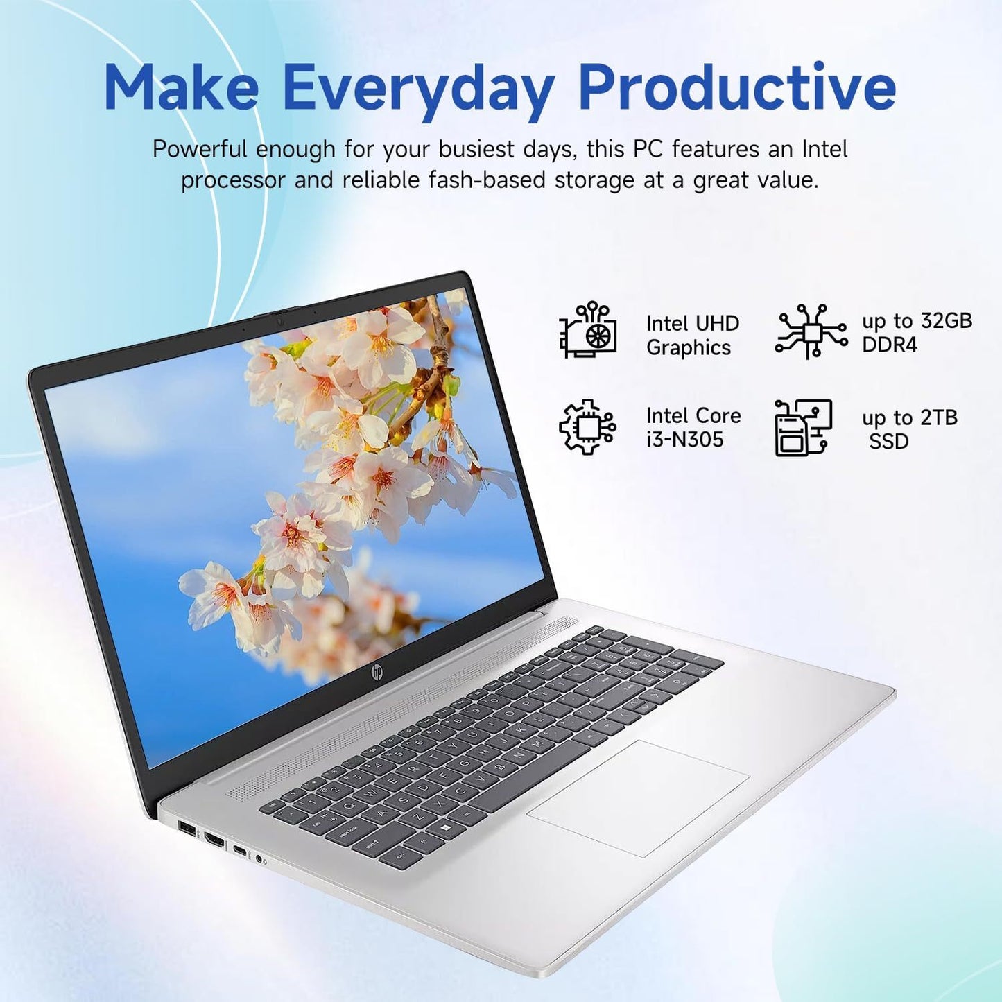 HP 17.3" Touchscreen Laptop, 8-Cores Intel Core i3-N305, 16GB RAM, 128GB eMMC + 1TB SSD, Numeric Keypad, Webcam, HDTV, Wi-Fi 6, Windows 11 Home, Silver