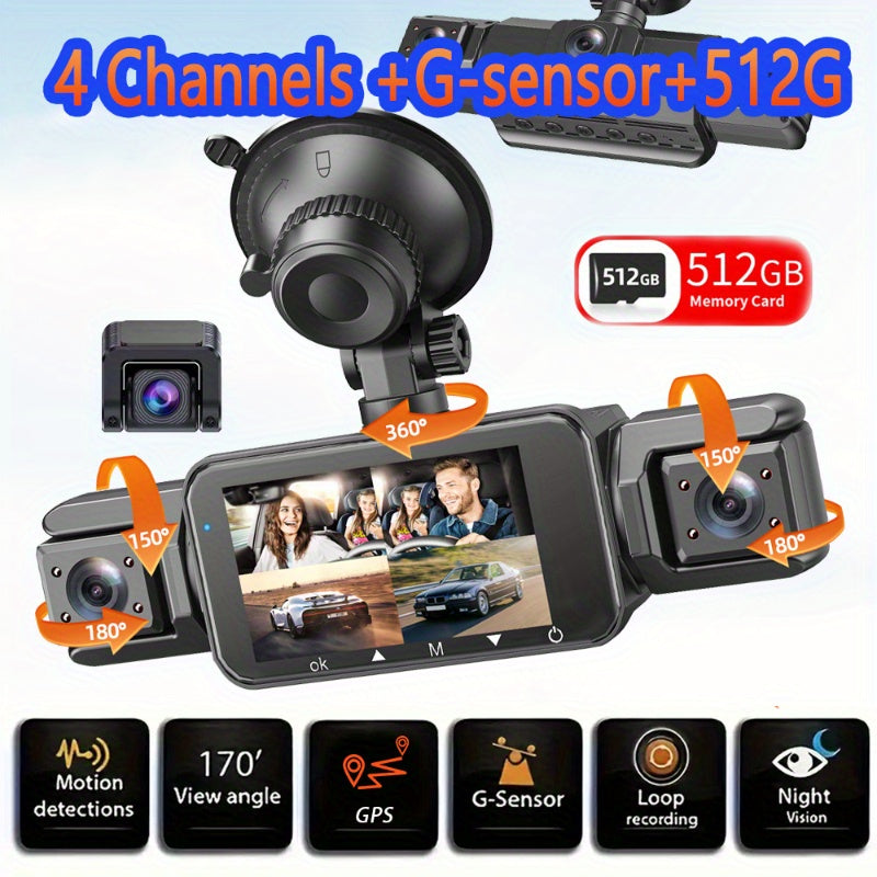 512GB Free Memory Card Car Dash Cam with 3" IPS Screen, GPS, Night Vision, G-Sensor, Loop Recording, WiFi, Ultra-Wide Angle Front/Rear/Left/Right Cameras, Motion Detection, Free 64GB SD Card, Vehicle Security Monitor | Modern