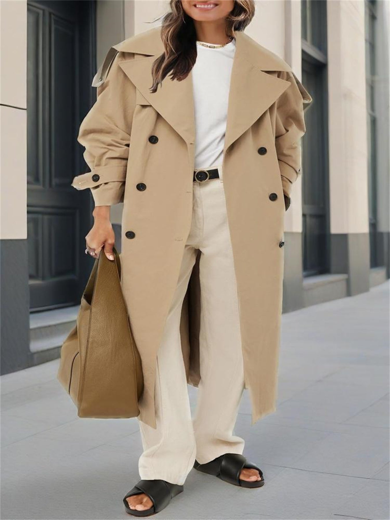 Plus Size - Spring Autumn Womens Oversized Long Trench Coat Double Breasted Lapel Windproof Overcoat with Belt