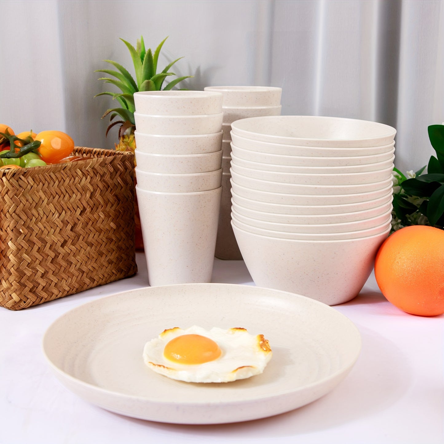 36 Piece Wheat Straw Dinnerware Set of 12 Reusable Plastic Beige Plates and Bowls Unbreakable Camping Dinnerware Set