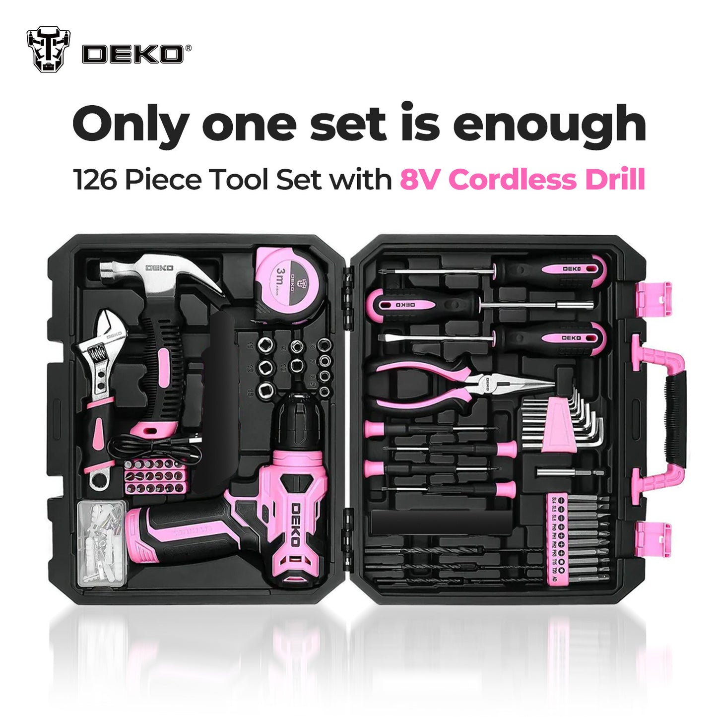 DEKO 126PCS Pink Power Tools Box With 8V Cordless Drill / Driver, Tape Measure, Hammer, Screwdriver Set and Precision Tool, Portable Hand Toolbox for Garden, DIY Home Projects, Outdoor Repairs, Camping, Woodworking Tools and