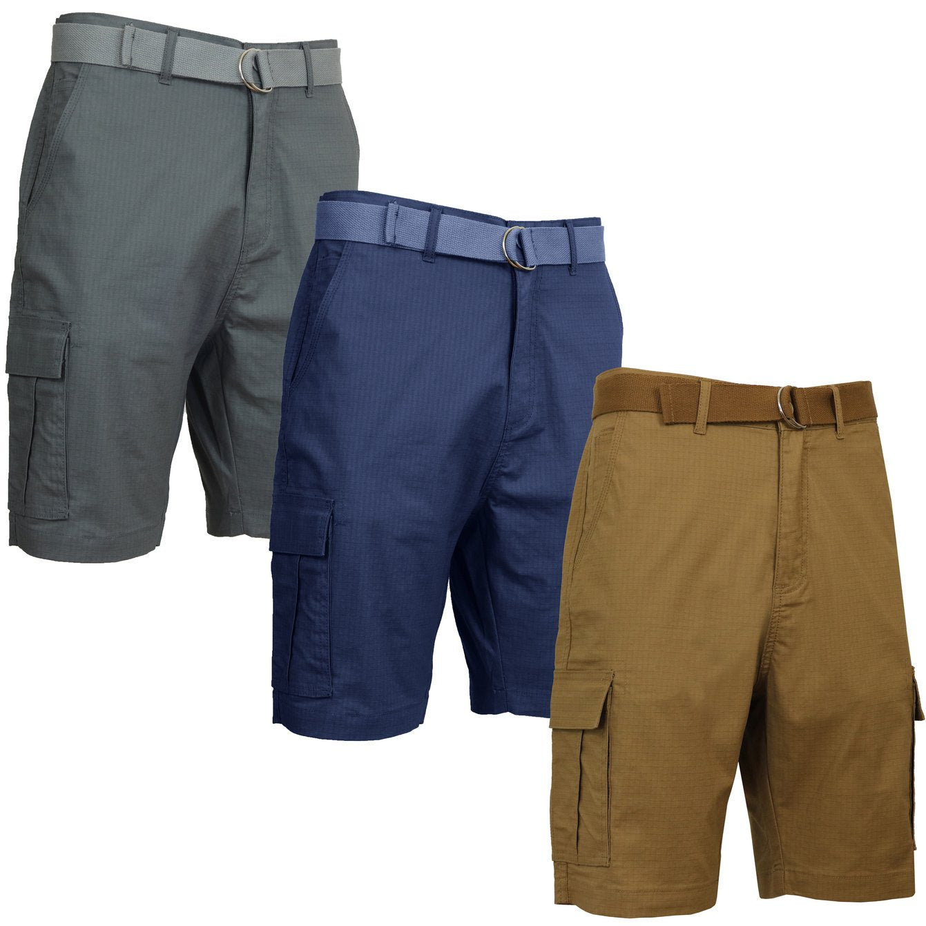 3 Pack Men's Cotton Stretch Ripstop Cargo Shorts With Belt