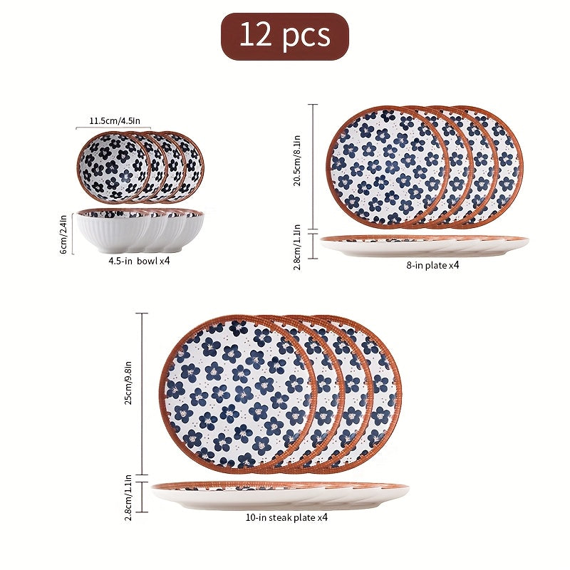 Retro Rattan Woven 12 Piece Japanese Style Ceramic Tableware Set for Steaks Pasta Salads Fruits Chicken Wings Rice Suitable for 2 to 4 People