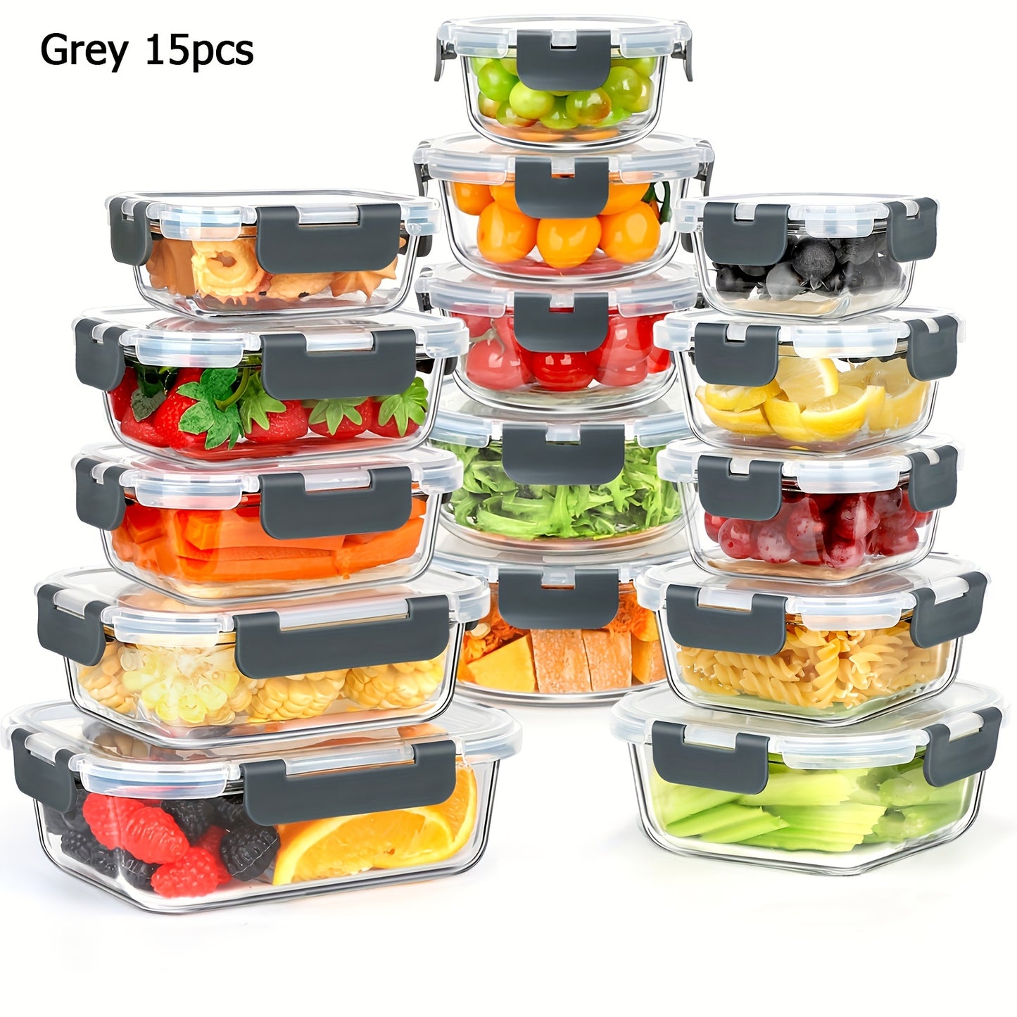 Airtight Glass Meal Prep Containers Set - 15 Pieces Food Storage
