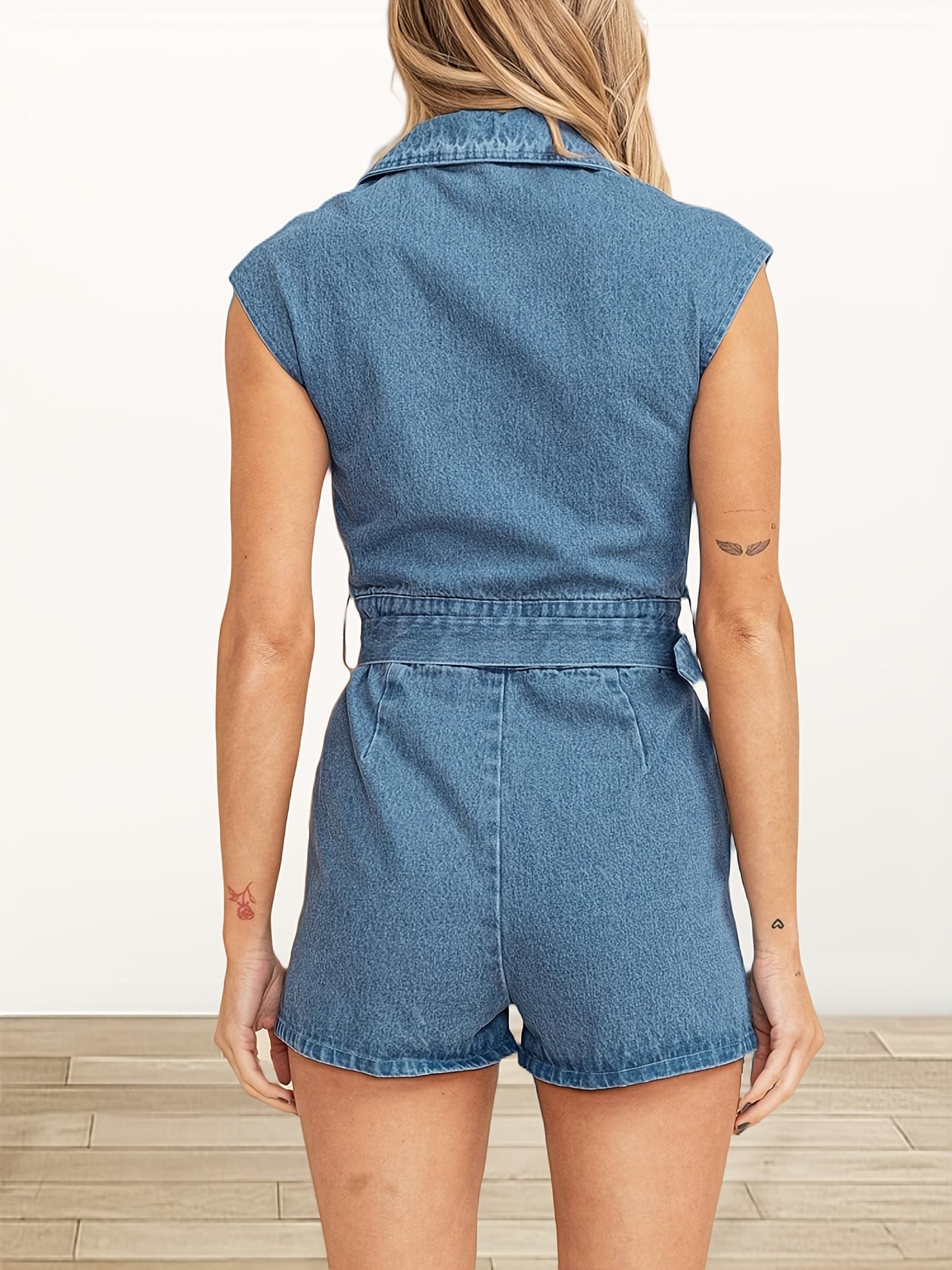 Womens Fashion Summer Denim Rompers Cap Sleeve Zip Up Belted Short Jeans Jumpsuits
