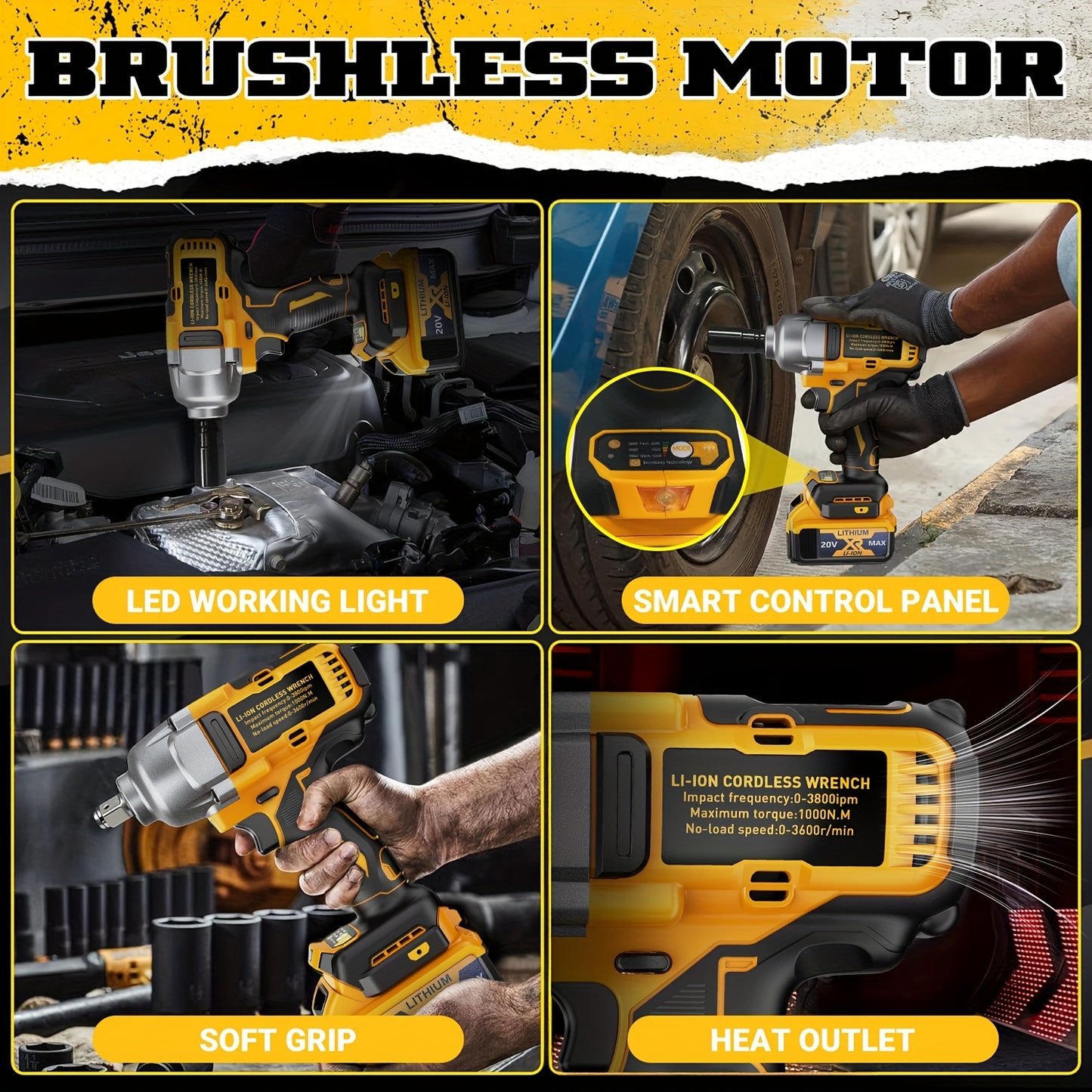 Automobile Maintenance Tools1/2" 20V Brushless Impact Wrench 1000N.m - 3-Speed 3300RPM Industrial Beast- Auto-Stop Reverse, Smart LED Dashboard & Heat Vents - For Semi-Truck Tires, Heavy Machinery, Steel Construction (Mechani