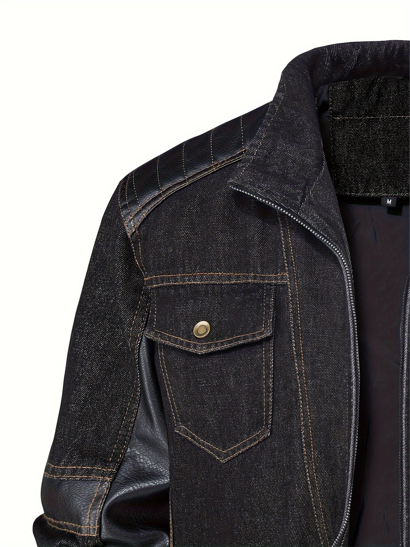 Men'S Denim Jacket Patchwork Faux Leather Motorcycle Jacket Slim Fit Biker Coat With Stand Collar