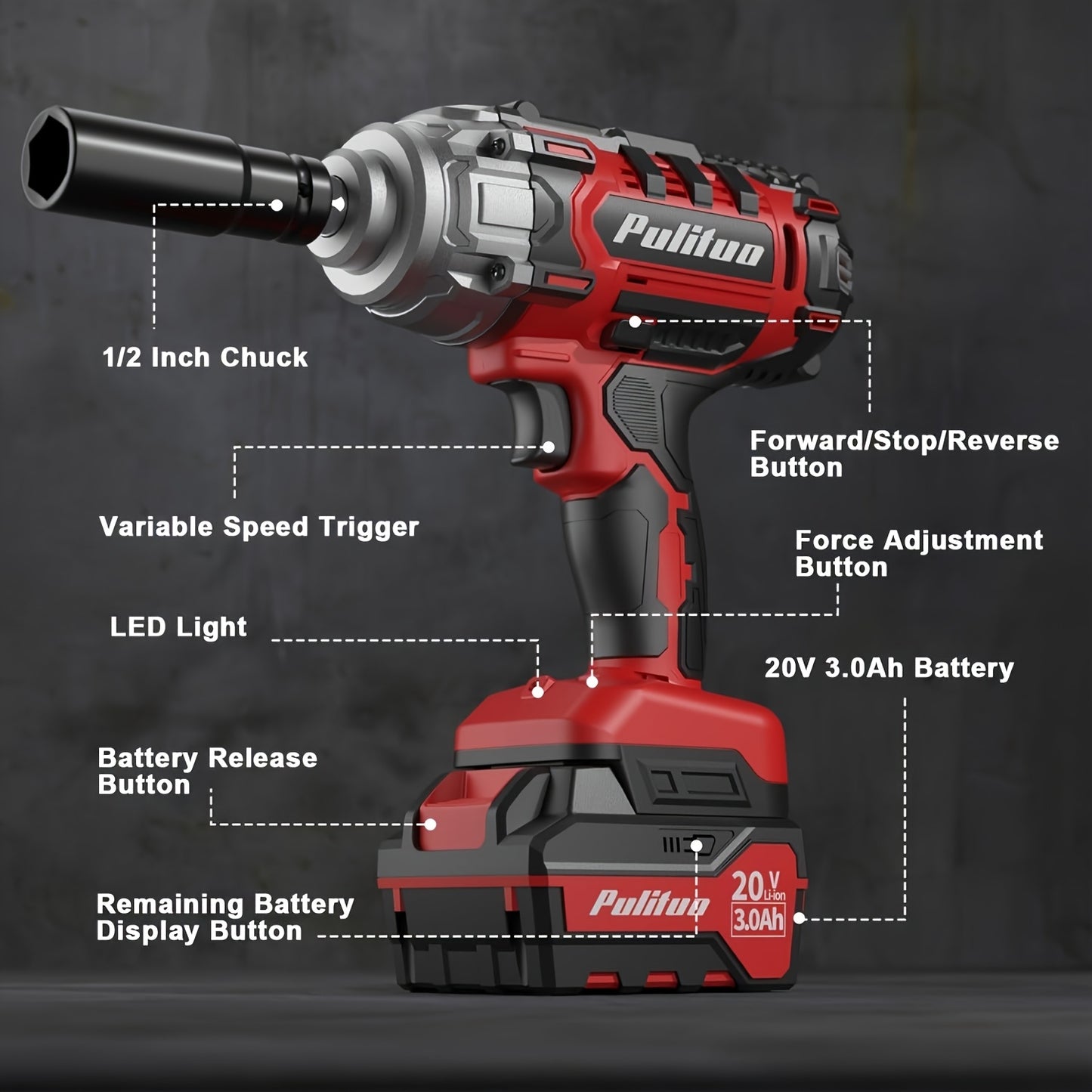 20V Cordless 1/2-Inch Impact Wrench, Maximum Torque 350ft. Lbs (475 Nm), Includes 1 Battery, 1-Hour Rapid Charger And 4 Impact Sockets with LED Lights And Tool Pouch, Car Repair Tools