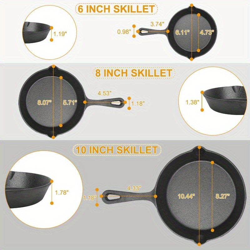 3 Piece Preseasoned Cast Iron Skillet Set 6810 Inch Non Stick Oven Safe Cookware Heat Resistant Frying Pan
