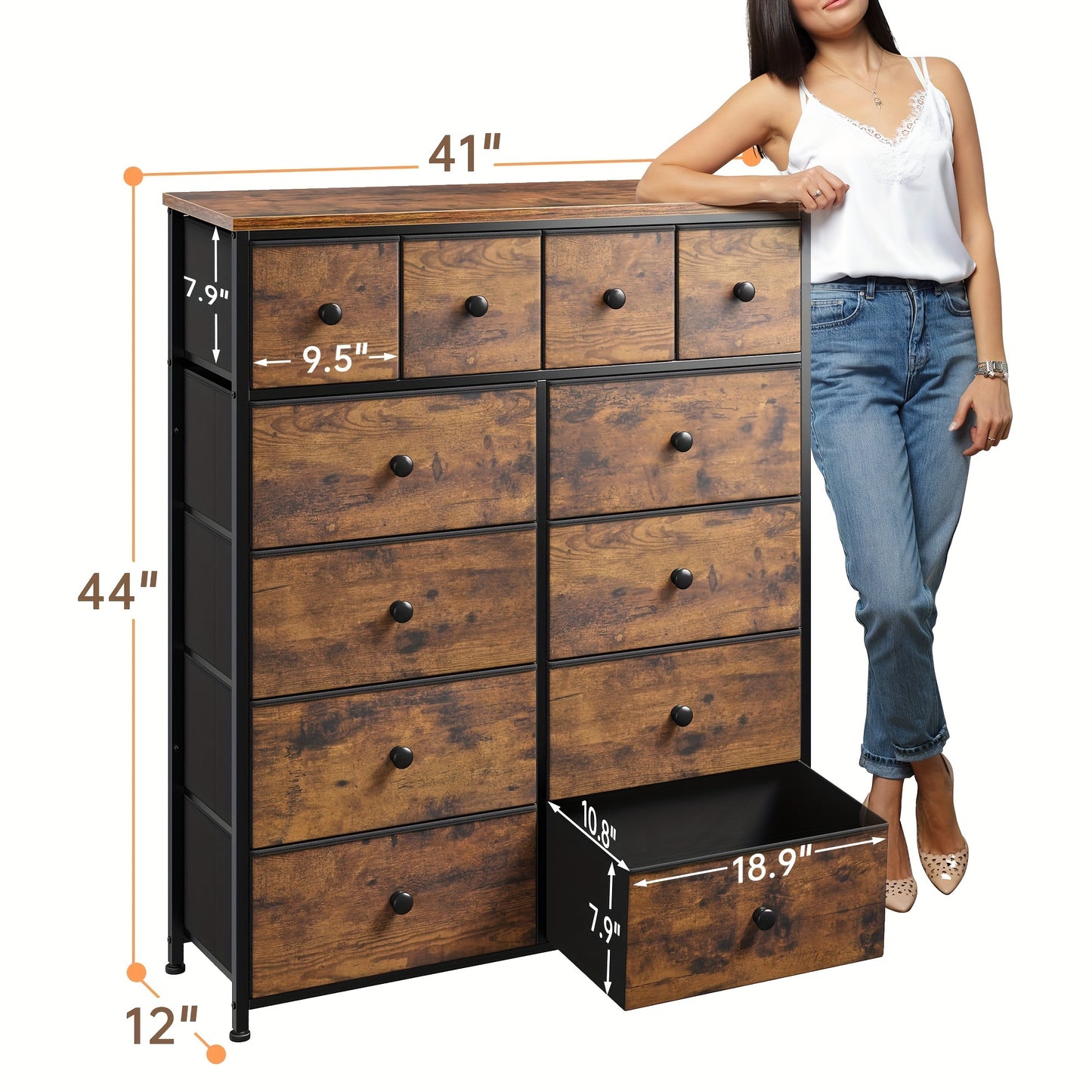 12-Drawer Rustic Brown Fabric Dresser with Wood Top and Metal Frame for Bedroom and Living Room