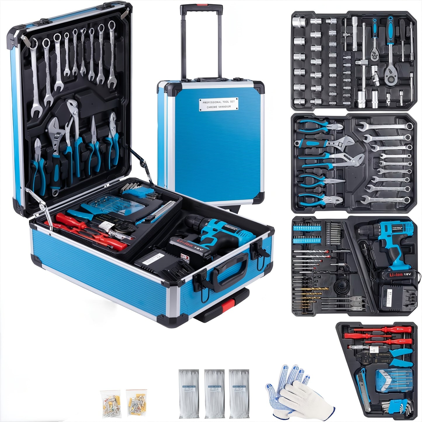 799pcs Aluminum Trolley Case Tool Set Silvery, House Repair Kit Set, Household Hand Tool Set, with Tool Belt, Gift On Father's DayTool Sets for Men, Tool Box with Tools, Tool Kit with Rolling