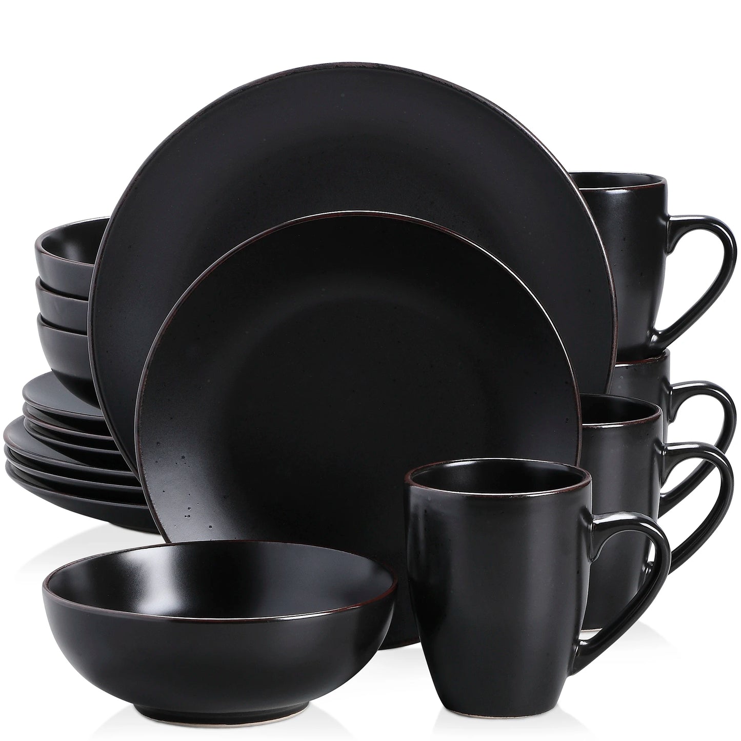 Vancasso Moda Series 16/32/48 Piece Pottery Dinner Set Black Stoneware Tableware with Dinner Plates Dessert Plates Bowls and Cups