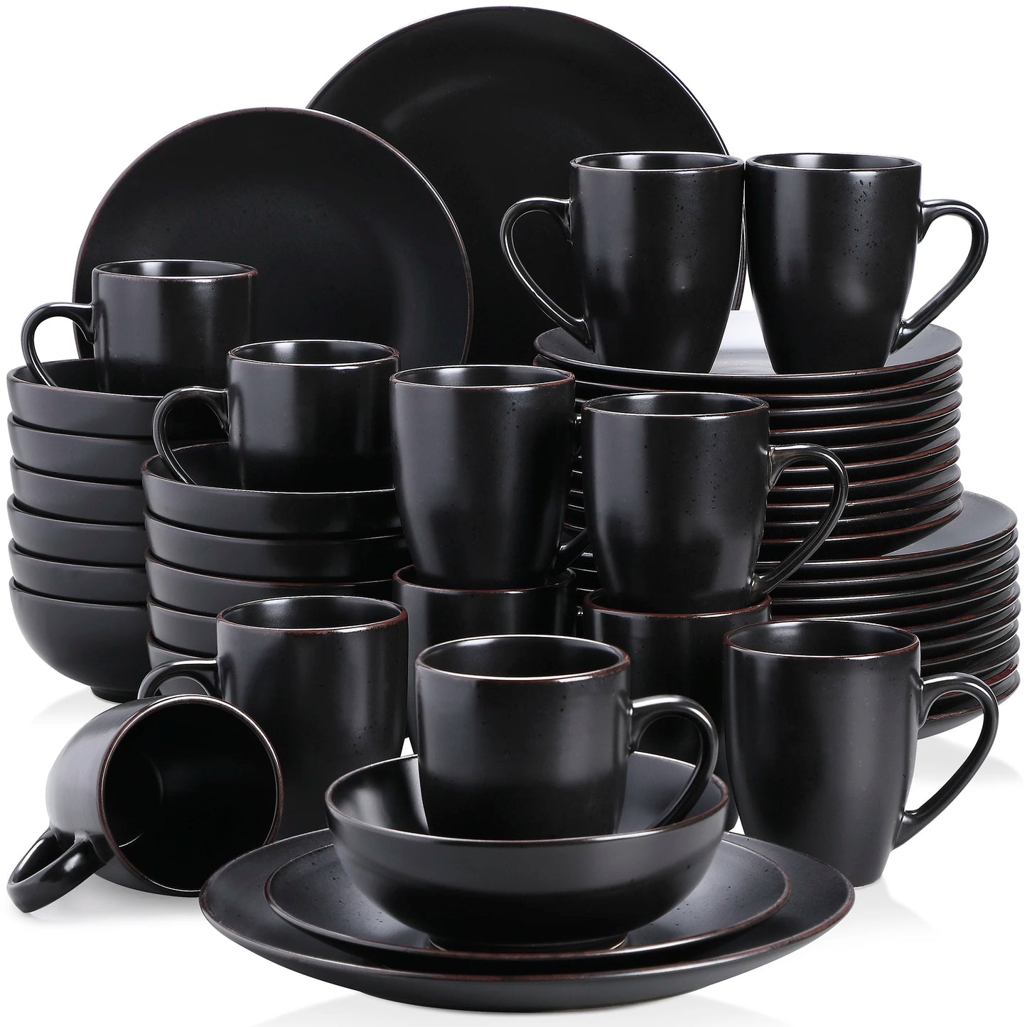 Vancasso Moda Series 16/32/48 Piece Pottery Dinner Set Black Stoneware Tableware with Dinner Plates Dessert Plates Bowls and Cups
