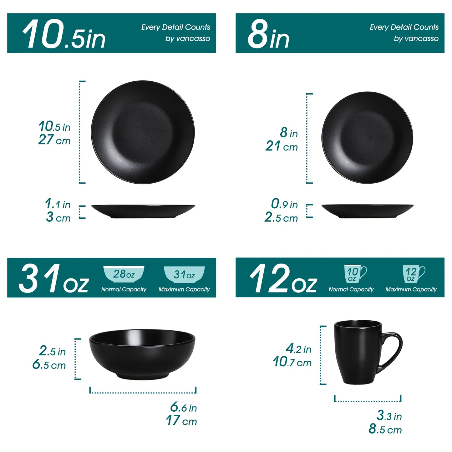 Vancasso Moda Series 16/32/48 Piece Pottery Dinner Set Black Stoneware Tableware with Dinner Plates Dessert Plates Bowls and Cups