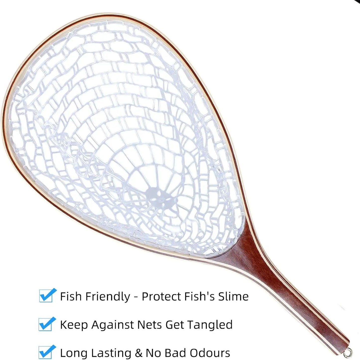 Fishing Net for Trout, Fly Fishing Net with Soft Rubber Mesh, Wooden Handle for Freshwater Saltwater Fishing, Catch and Release