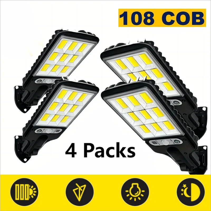 Solar Street Lights 1/2/4 Pack 108 COB LED Outdoor Wall Lights with Remote Control Motion Sensor Adjustable 3 Modes
