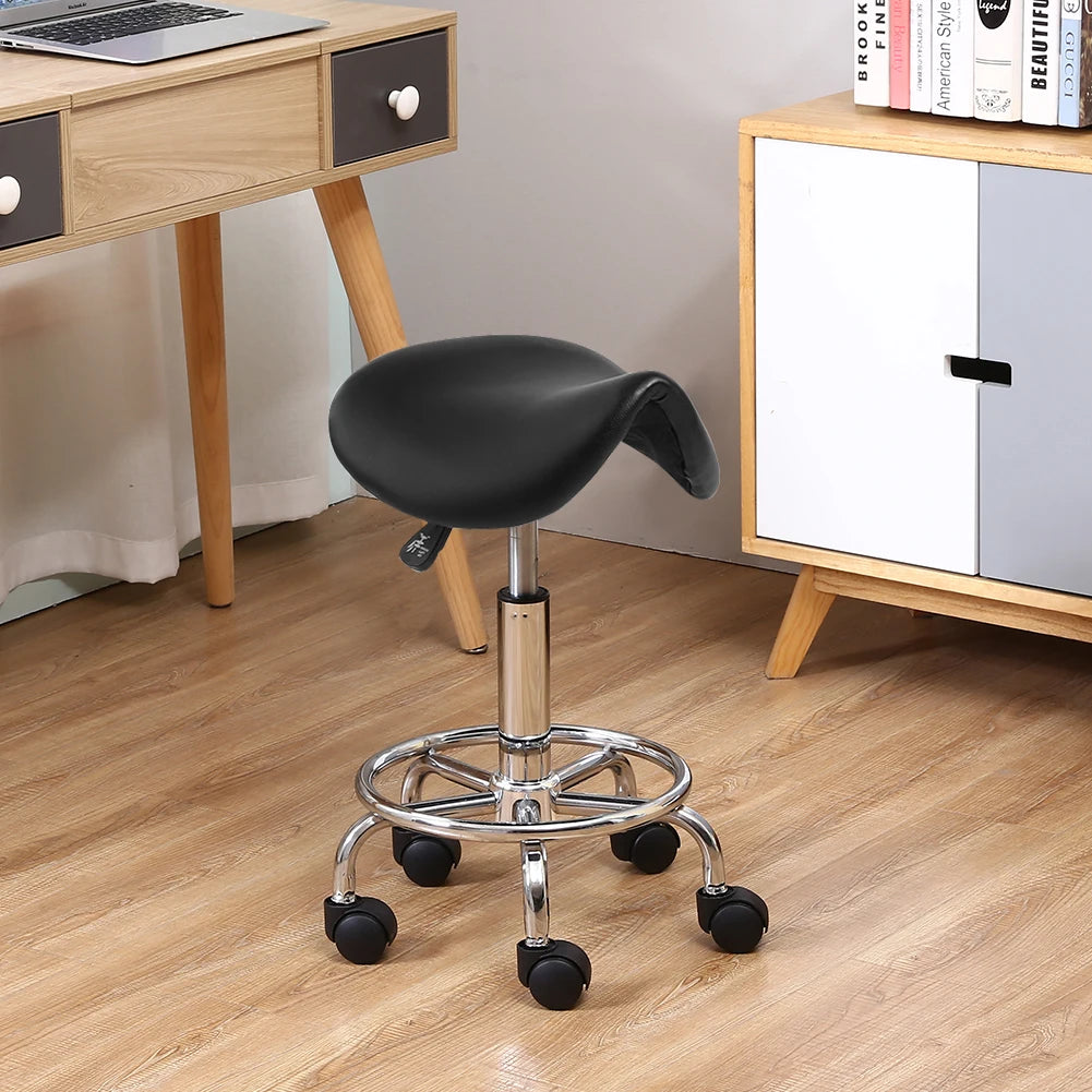 Rolling Saddle Stool Leather Swivel Adjustable Black