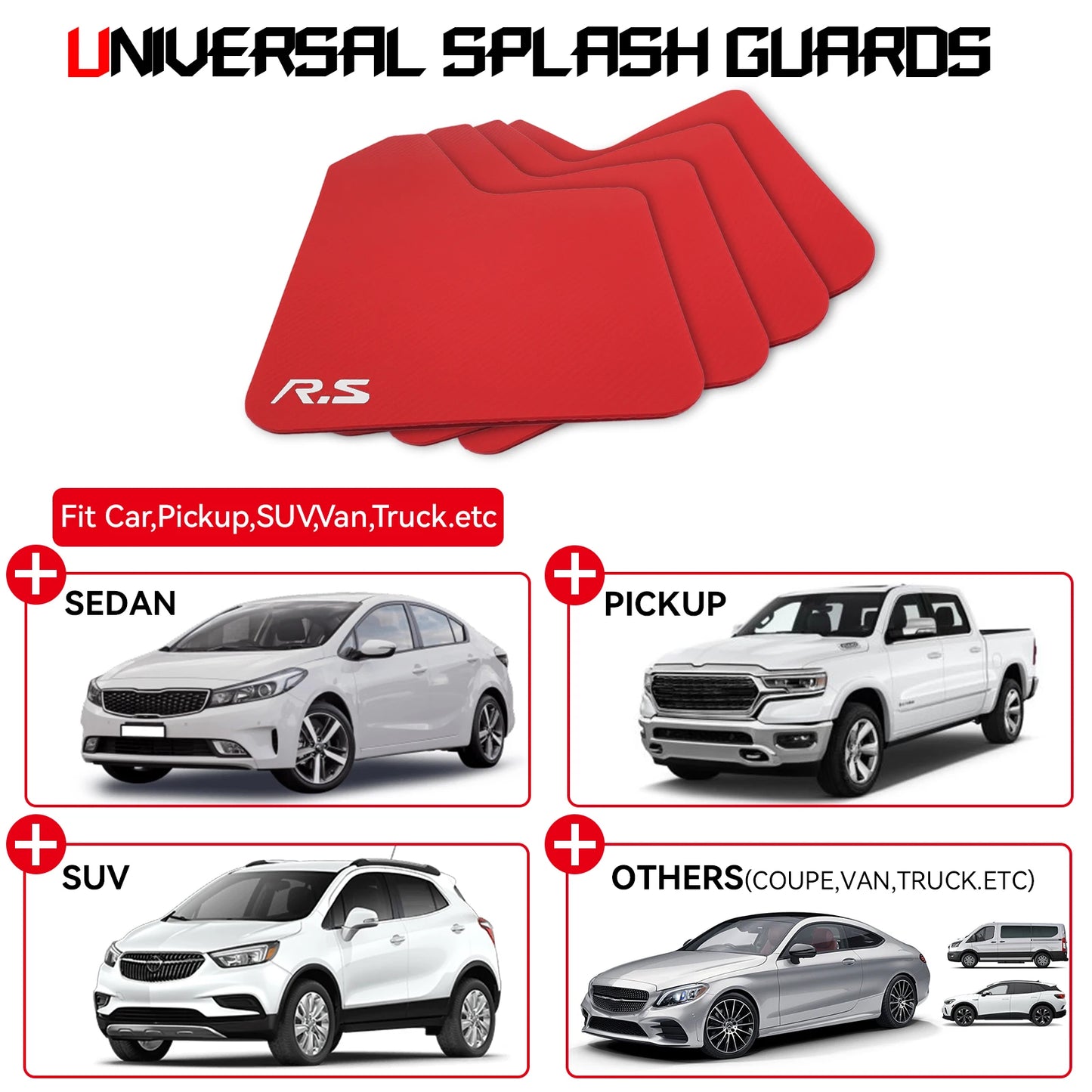 Universal Rally Style Mud Flaps fits most Cars Light Trunks and SUVs in Red or Black