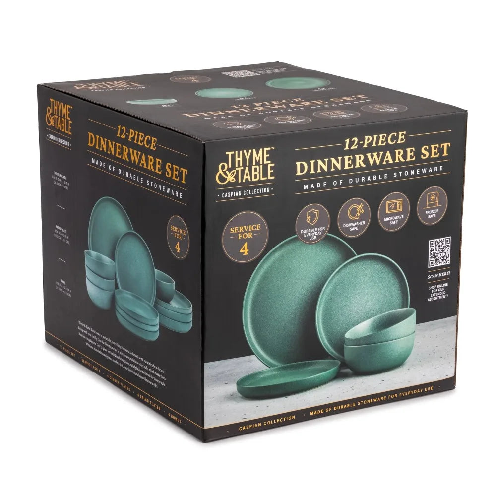 12 Piece Stoneware Dinnerware Set Caspian Green Collection
