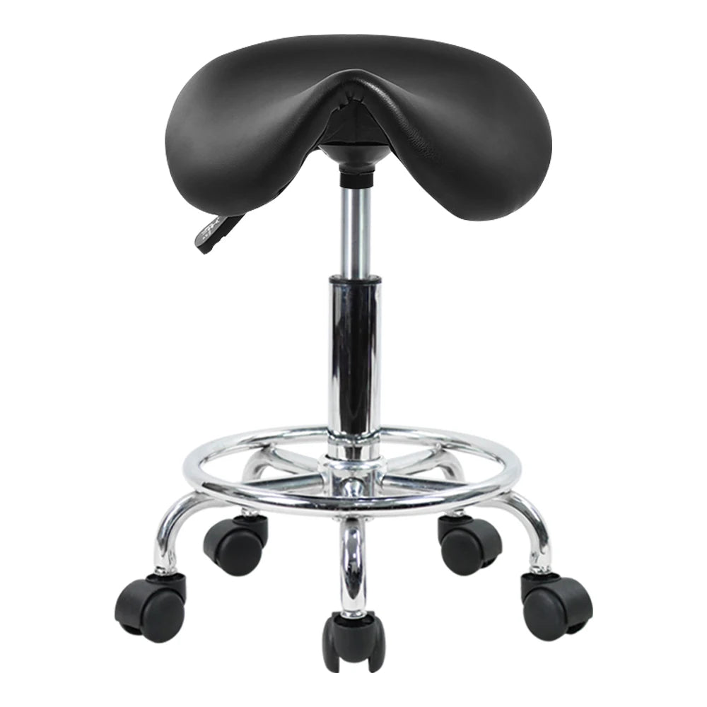 Rolling Saddle Stool Leather Swivel Adjustable Black