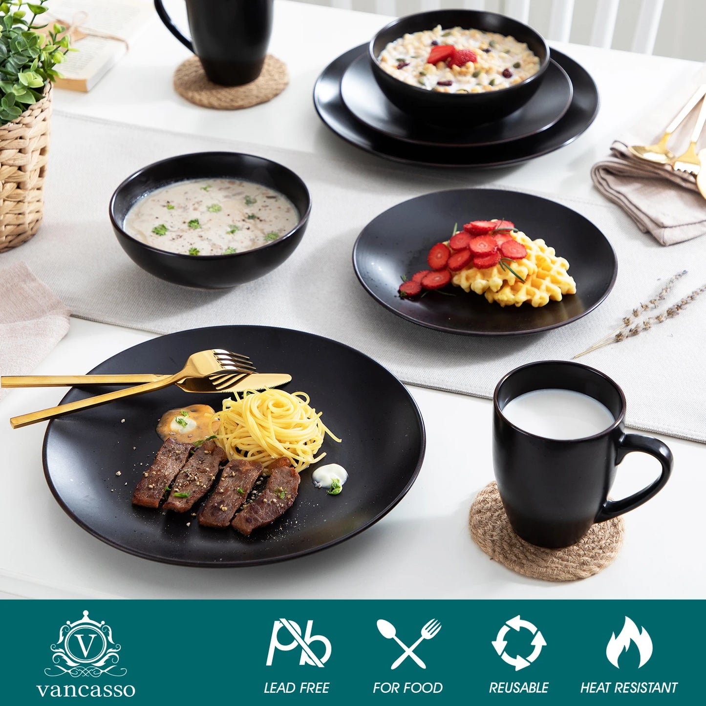 Vancasso Moda Series 16/32/48 Piece Pottery Dinner Set Black Stoneware Tableware with Dinner Plates Dessert Plates Bowls and Cups