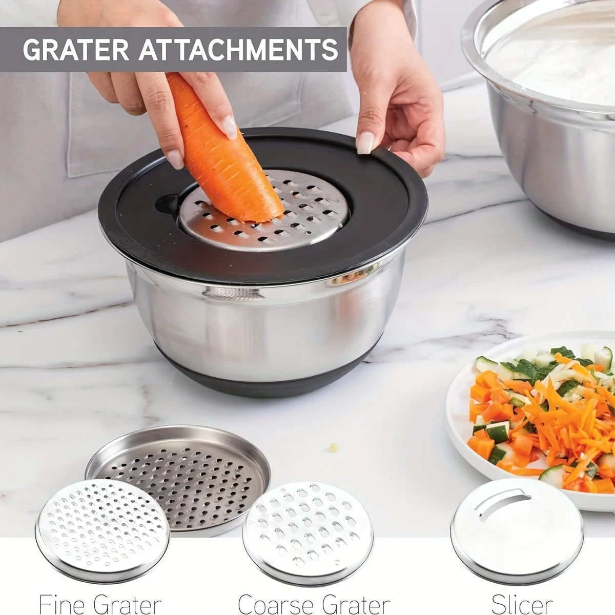 8pcs Mixing Bowls with Airtight Lids Stainless Steel Mixing Bowl Set, Attachments Bottoms, Black Kitchen Bowls, Baking Serving
