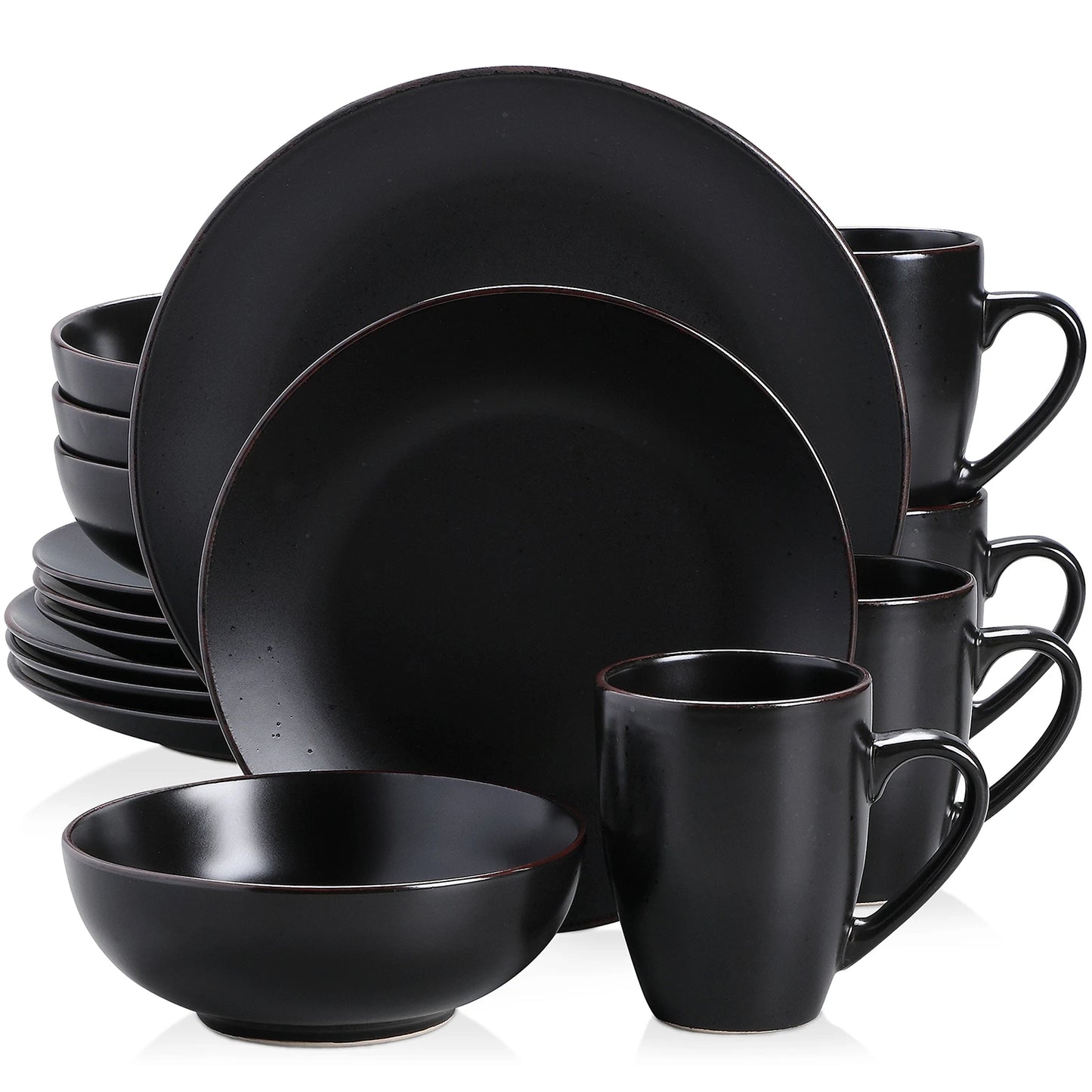 Vancasso Moda Series 16/32/48 Piece Pottery Dinner Set Black Stoneware Tableware with Dinner Plates Dessert Plates Bowls and Cups