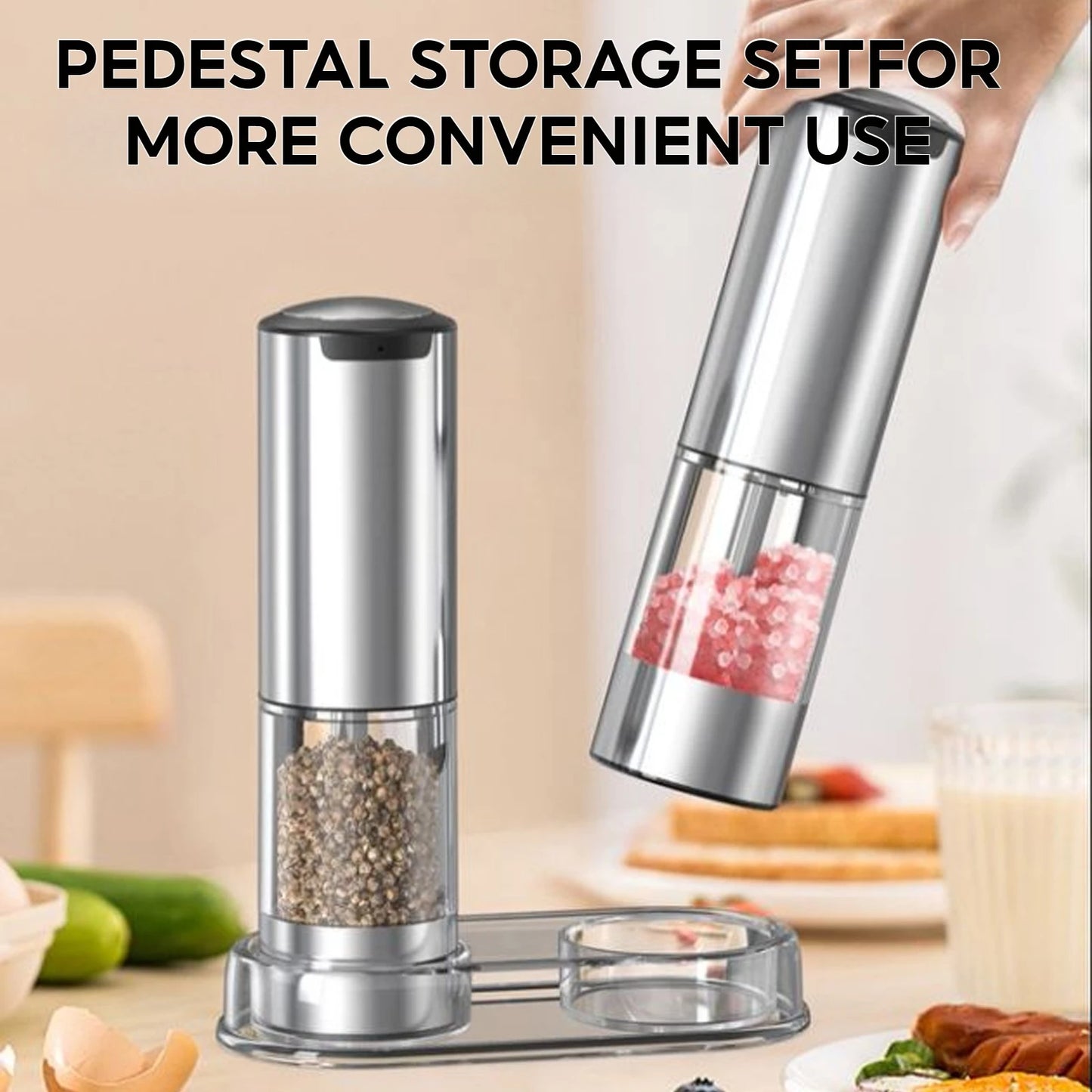 Electric Salt and Pepper Grinder Set 2 Pack with Base and Washable 95ml Container Rechargeable Automatic Mills