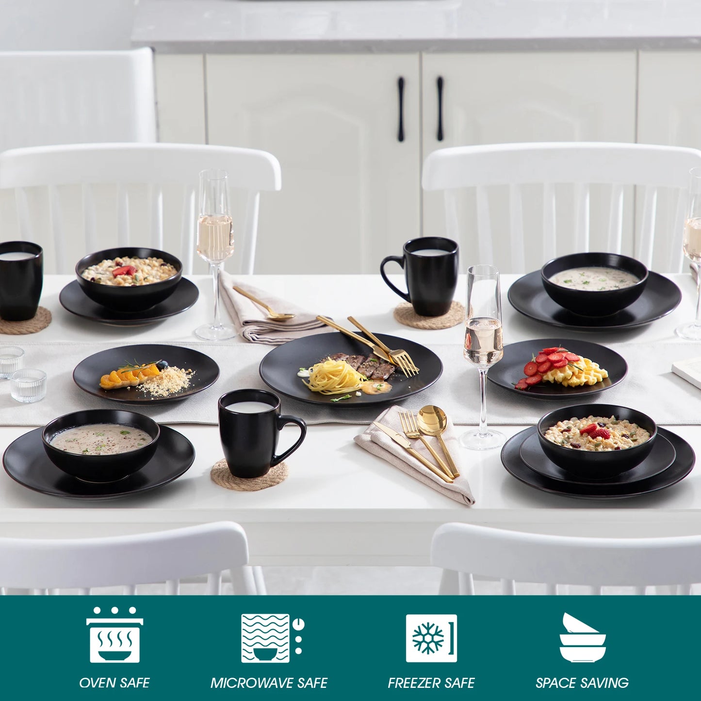 Vancasso Moda Series 16/32/48 Piece Pottery Dinner Set Black Stoneware Tableware with Dinner Plates Dessert Plates Bowls and Cups