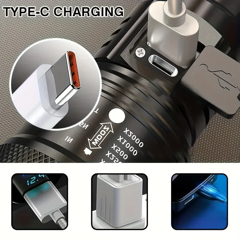 Powerful LED Flashlight with Battery Display USB Rechargeable Telescopic Zoom Torch Lamp for Outdoor Camping and Fishing