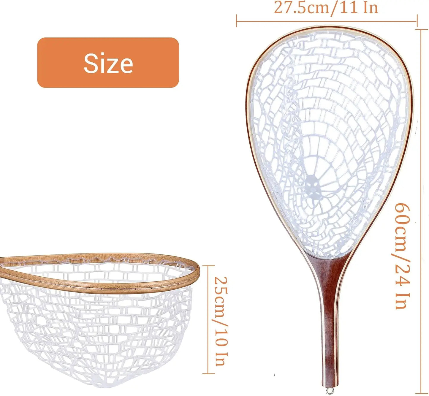 Fishing Net for Trout, Fly Fishing Net with Soft Rubber Mesh, Wooden Handle for Freshwater Saltwater Fishing, Catch and Release