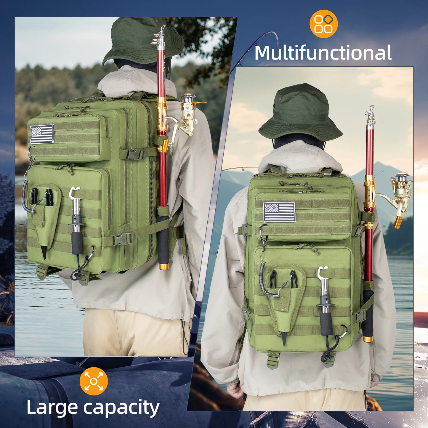 45L Tactical Fishing Hunting Bag Waterproof Backpack for Men Large Capacity Outdoor Travel Rucksack