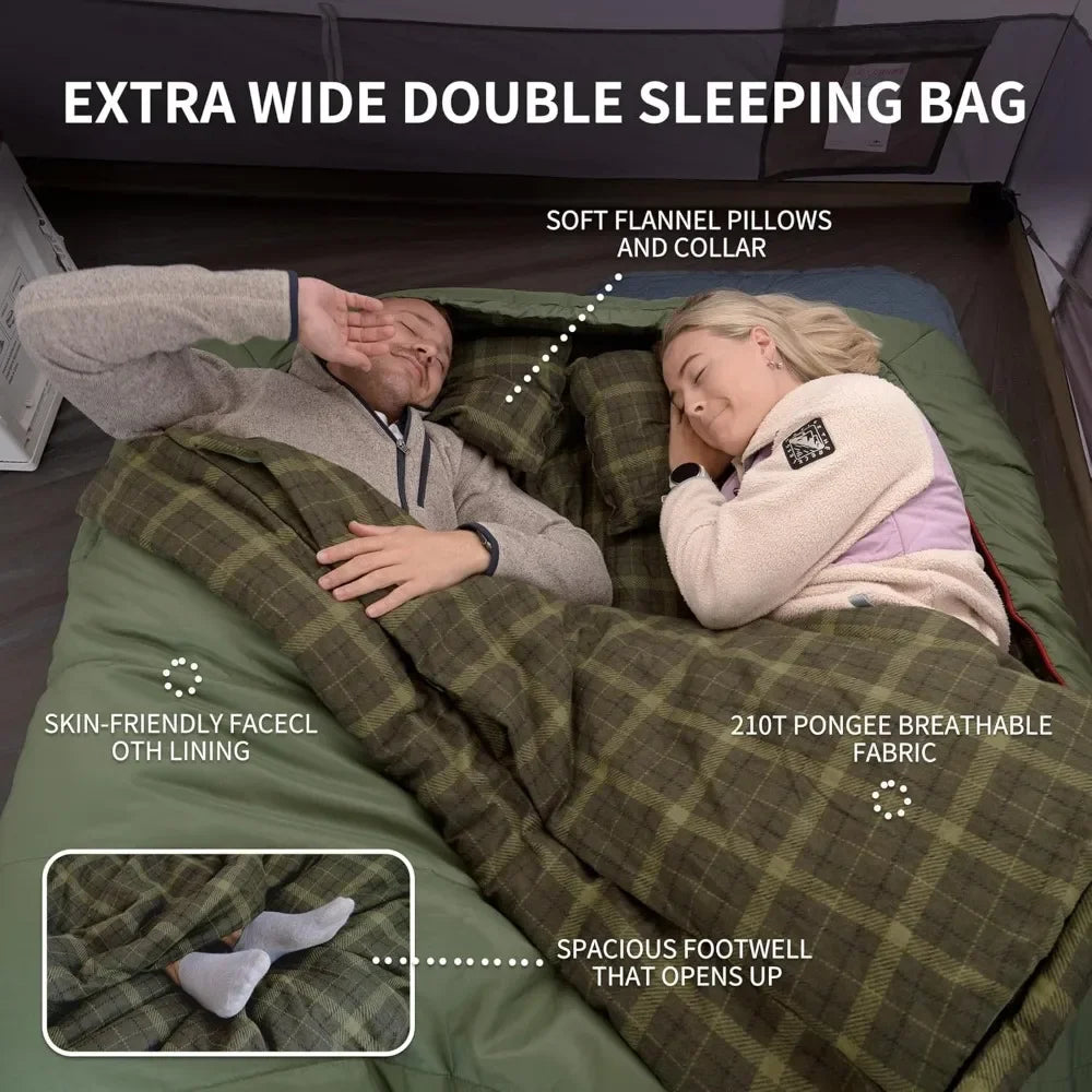 0 Degree Flannel Double Sleeping Bag for Couples and Families Ideal for Camping and Hiking in All Seasons