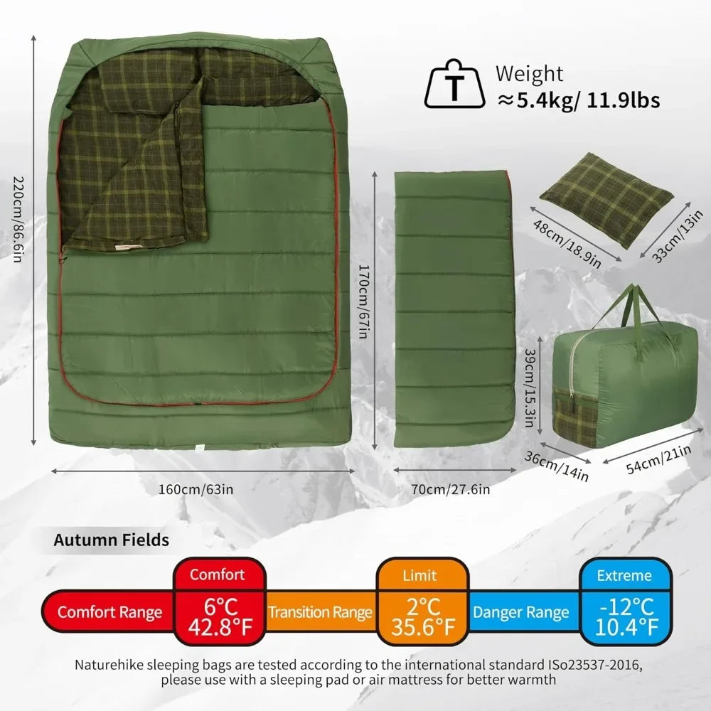 0 Degree Flannel Double Sleeping Bag for Couples and Families Ideal for Camping and Hiking in All Seasons