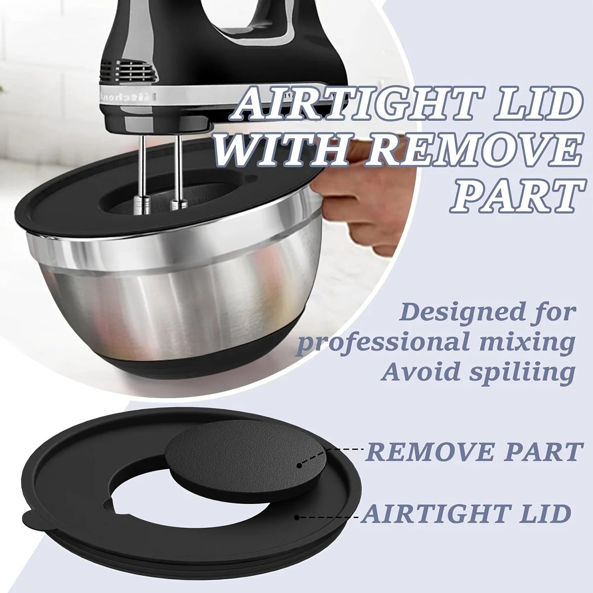 8pcs Mixing Bowls with Airtight Lids Stainless Steel Mixing Bowl Set, Attachments Bottoms, Black Kitchen Bowls, Baking Serving