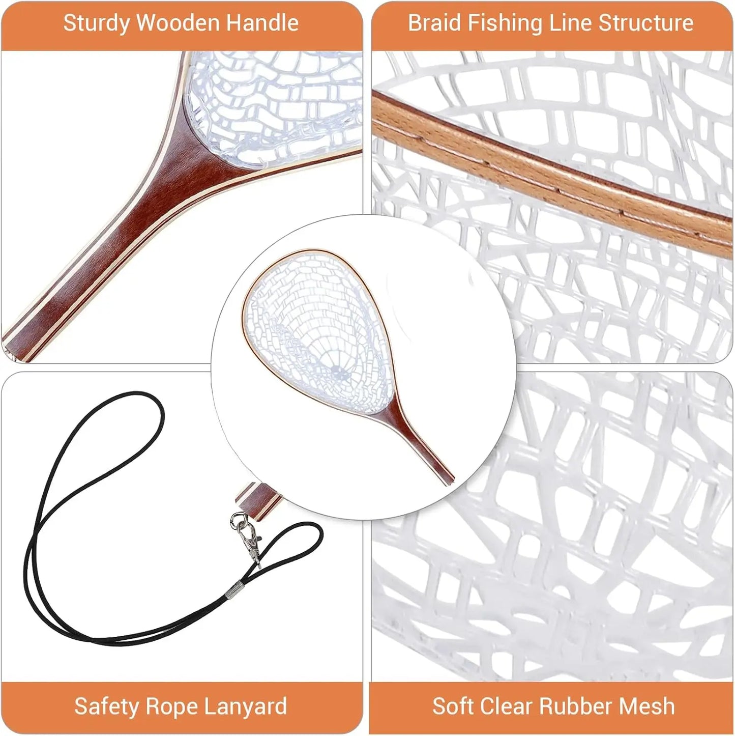 Fishing Net for Trout, Fly Fishing Net with Soft Rubber Mesh, Wooden Handle for Freshwater Saltwater Fishing, Catch and Release