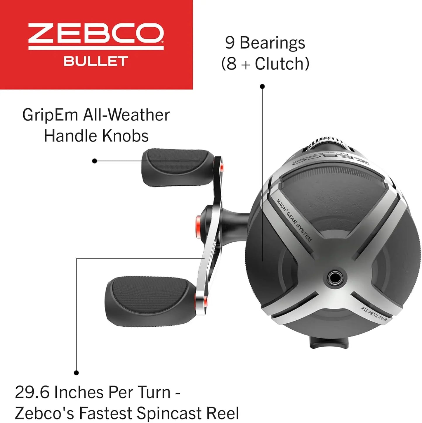 Size 30 Fishing Reel Fast 29.6 Inches Per Turn GripEm All Weather Handle Knobs Pre Spooled with 10 Pound Zebco Fishing Line Black