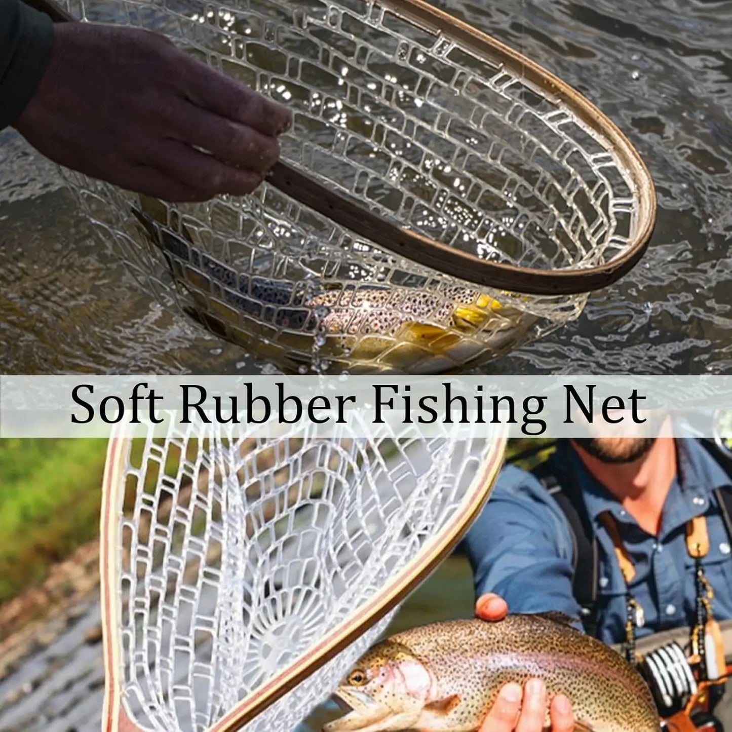 Fishing Net for Trout, Fly Fishing Net with Soft Rubber Mesh, Wooden Handle for Freshwater Saltwater Fishing, Catch and Release
