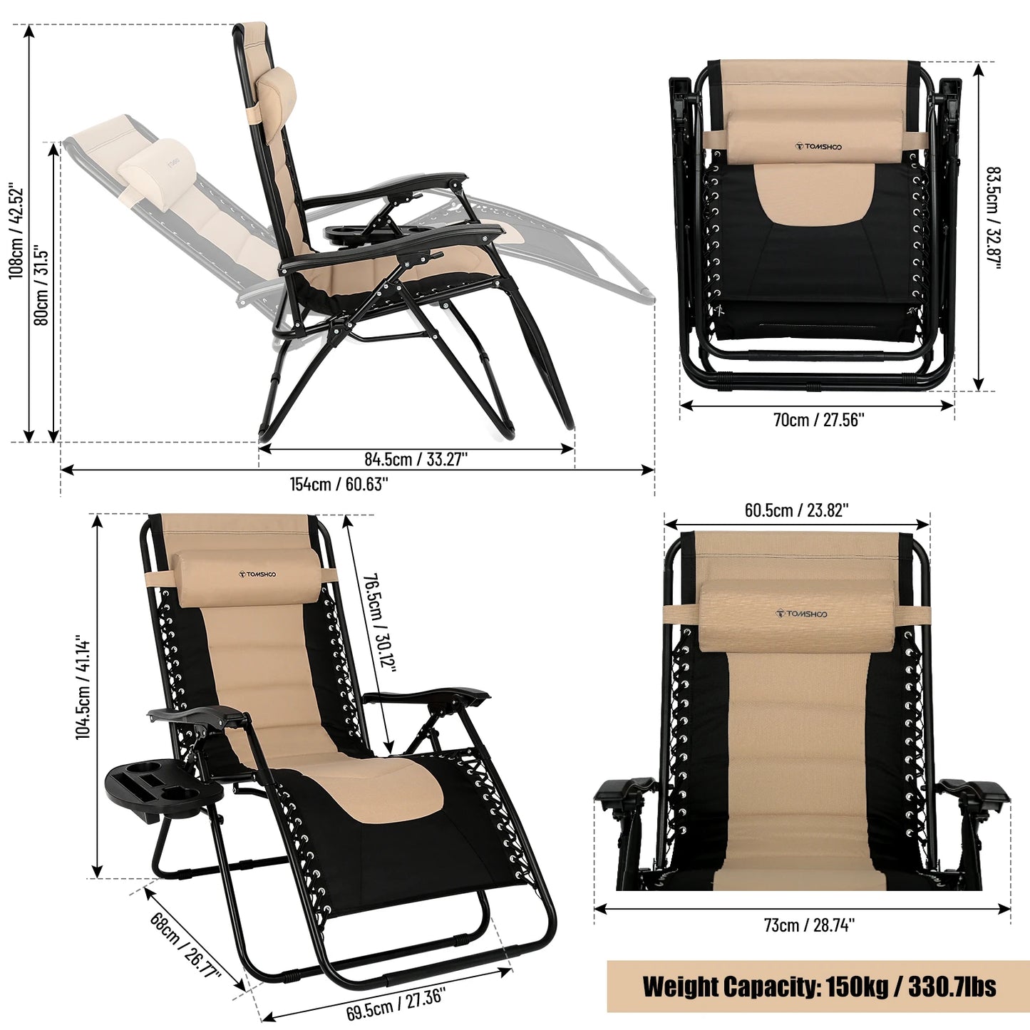 Outdoor Folding Lounge Chair Waterproof Oxford Cloth Cotton Padded Adjustable Patio Zero Gravity Reclining Chair with Headrest