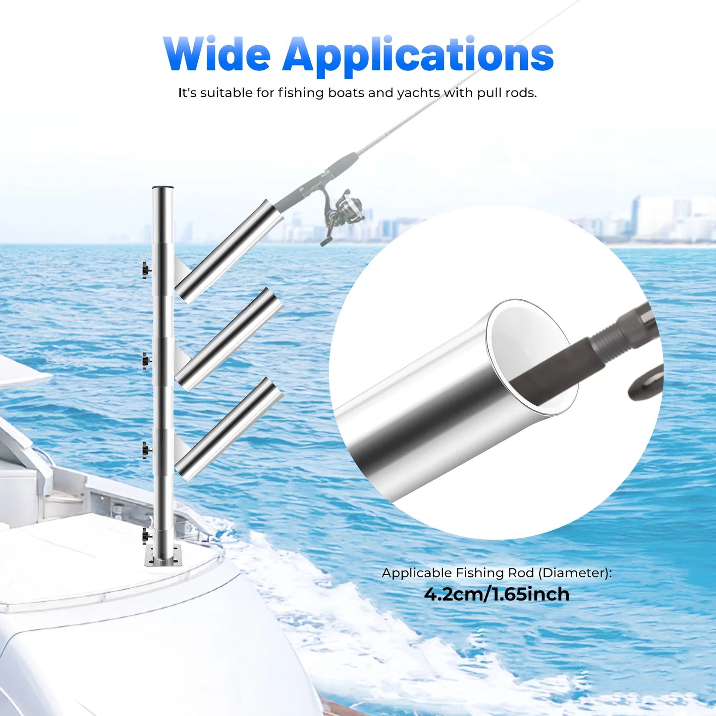 76cm Stainless Steel Triple Clamping Rod Large Capacity 360 Degree Rotation Fishing Boat Yacht Rod Holder