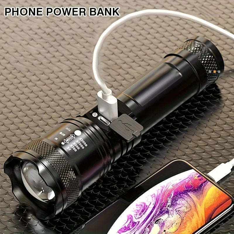 Powerful LED Flashlight with Battery Display USB Rechargeable Telescopic Zoom Torch Lamp for Outdoor Camping and Fishing