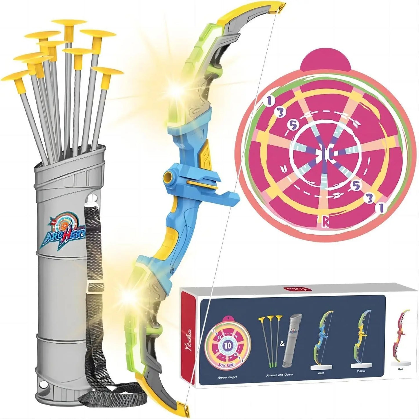 Kids Bow and Arrow Set, Light Up LED Archery Toy, 10 Suction Arrows Ages 12+