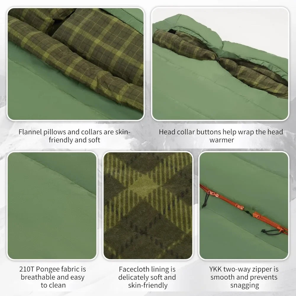 0 Degree Flannel Double Sleeping Bag for Couples and Families Ideal for Camping and Hiking in All Seasons