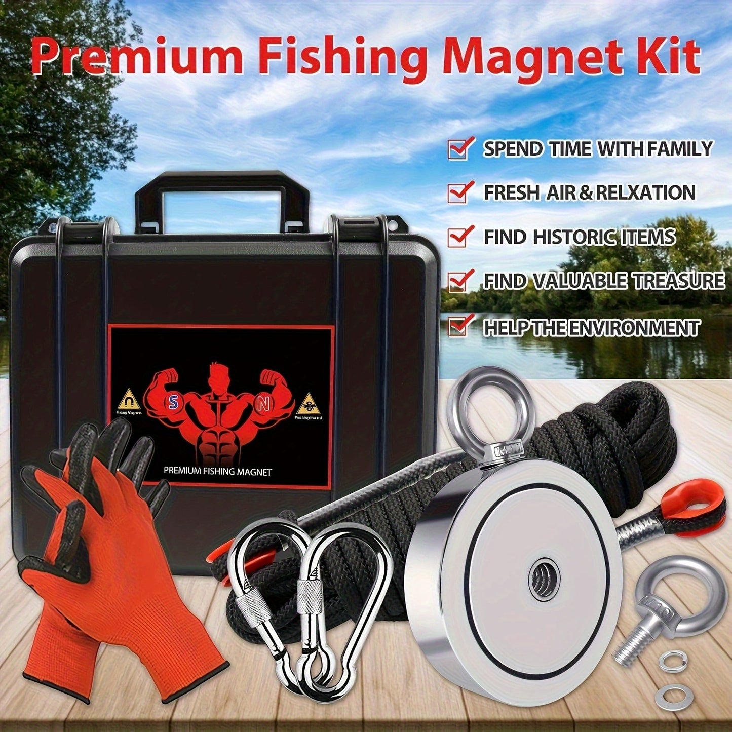 2625 Lbs Magnet Fishing Kit, Diameter 4.57inch (116mm), Professional-Grade Magnet for Fishing with Carry Case, Gloves, 32m Rope, Backpack, Scraper, 7pcs Complete Set Fishing Magnet Kit
