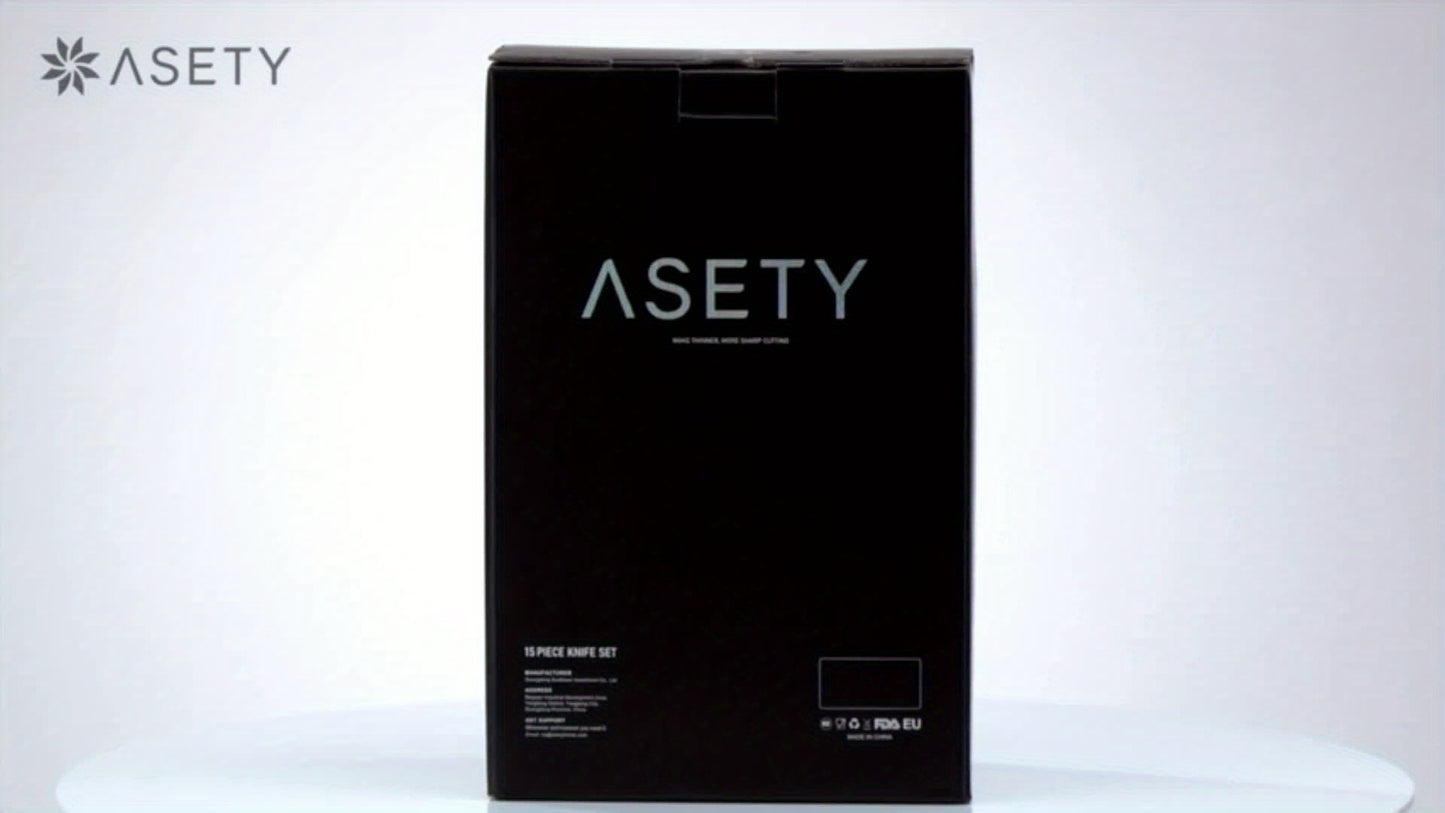 Asety 15 Piece Kitchen Knife Set With Built-In Knife Sharpener Block German Stainless Steel Full Tang Chef Knife Set NSF Food Safe Gift For Men And Women