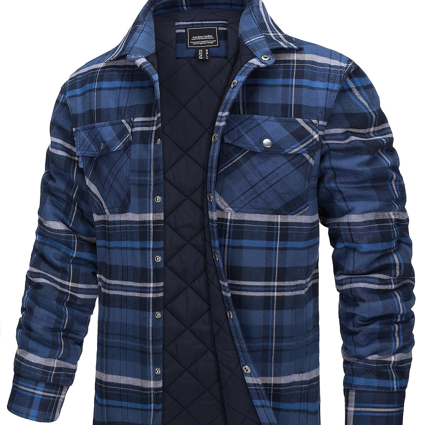 Men's Plaid Flannel Shacket Fleece Lined Quilted Long Sleeve Button Jacket with Dual Chest Pockets Cozy and Stylish for Casual Wear College Travel Parties Street Fashion Jacket Classic Plaid Design