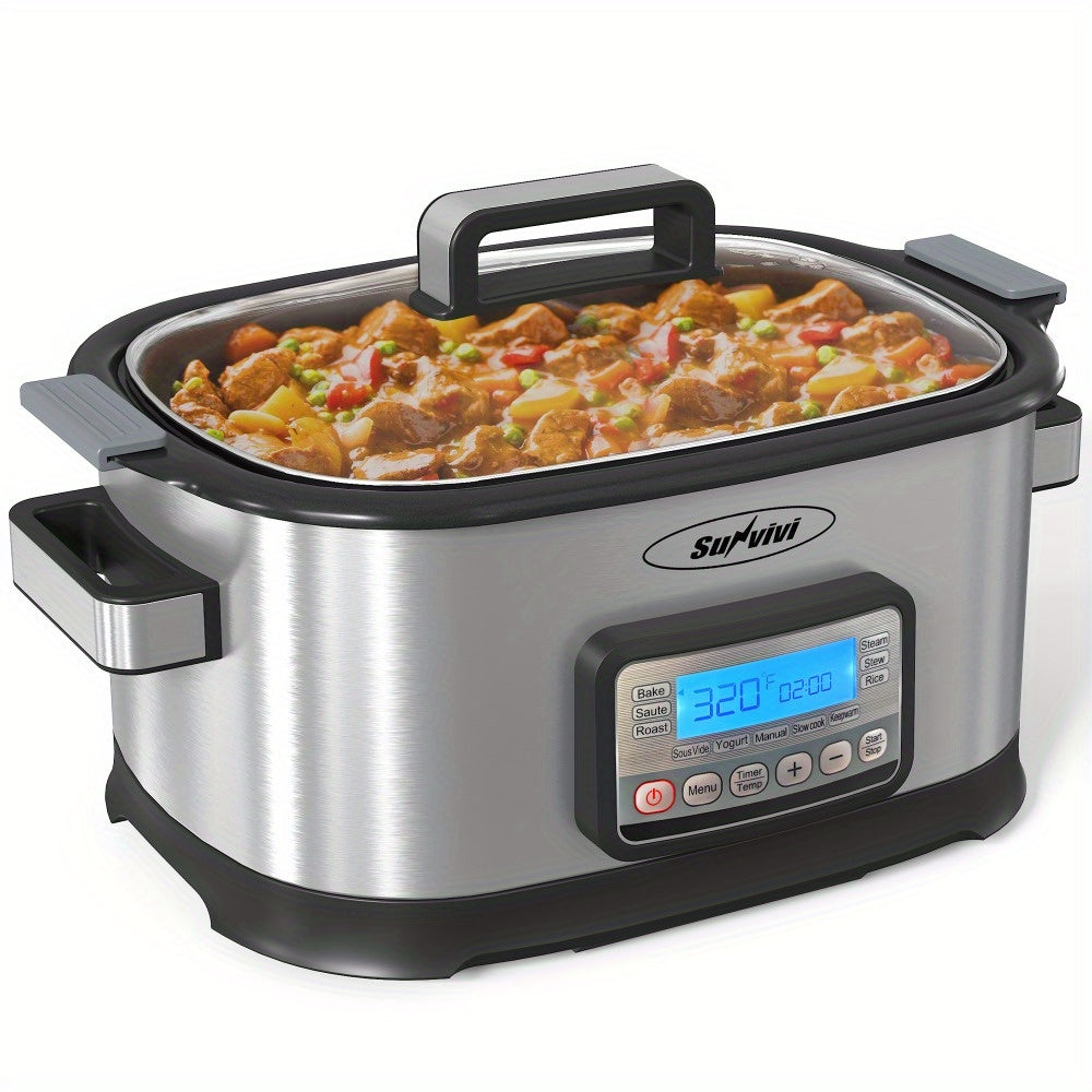 11-in-1 Multi Slow Cooker Roaster Oven, 6.5QT Sliver Digital Programmable Slow Cooker with Rack, Large Removable Nonstick Crock, Glass Lid, Multicooker with Timer Temp Control, Delay Start